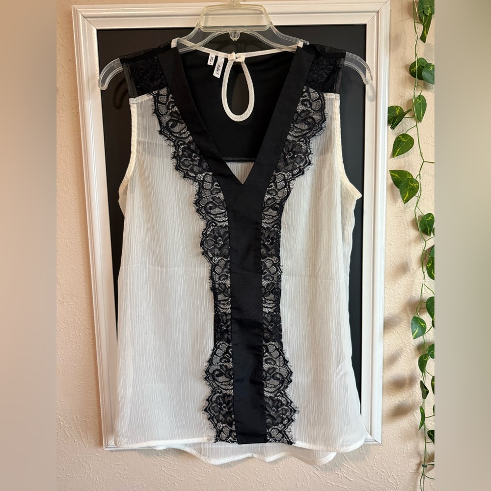Cream and black sheer and  Lace Accent Top